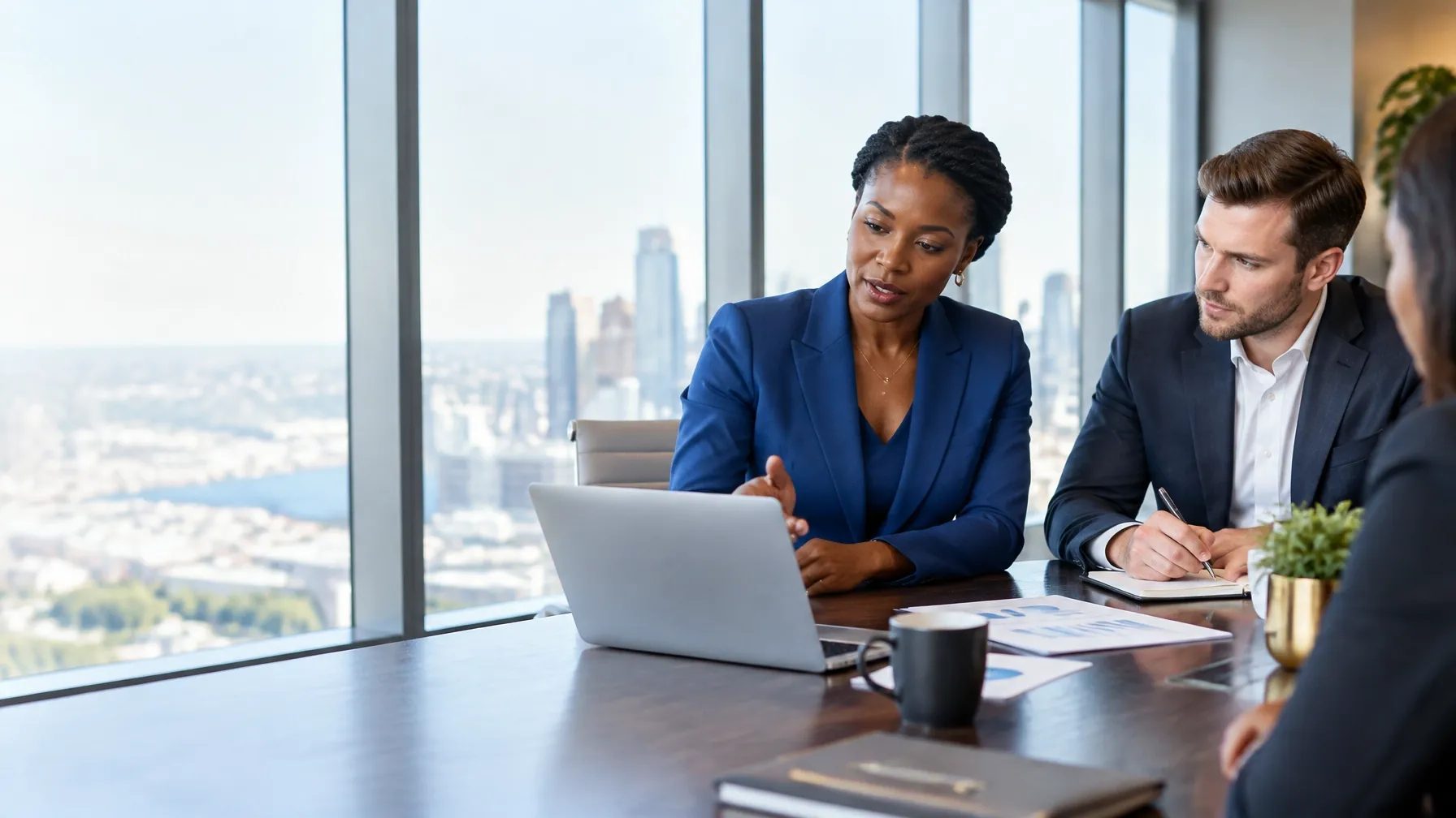 Black woman manager leading a strategy meeting while a white male colleague takes notes in a bright office