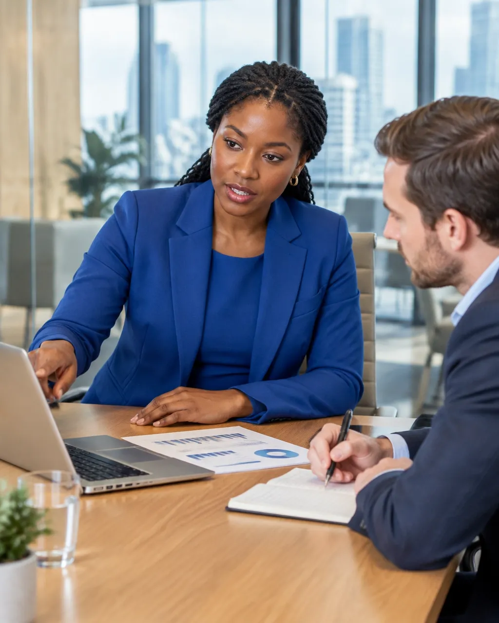 Black woman manager in a blue suit directing a white male colleague during a business review in a modern office